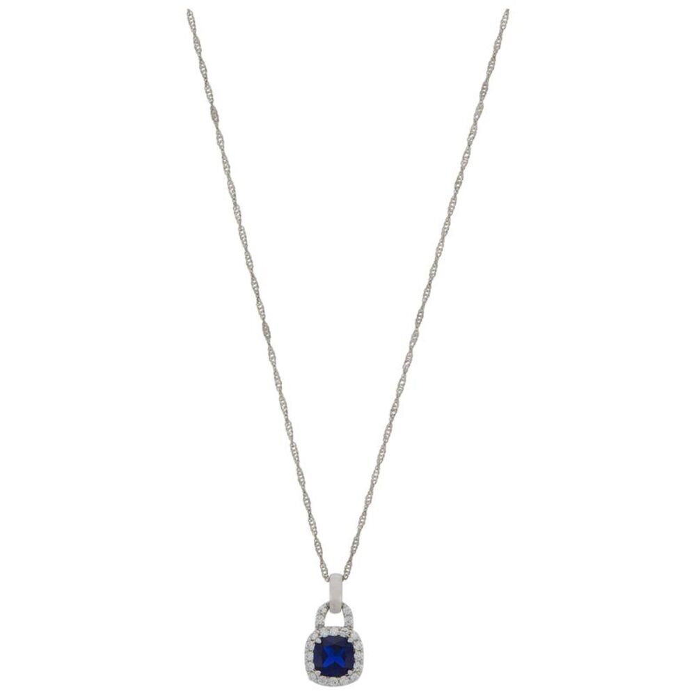 Dazzling Platinum Plated Blue Spinel Cushion Cut Necklace with Crystal Halo